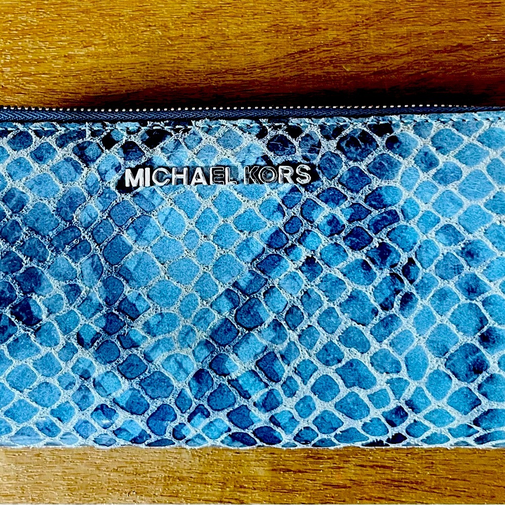 MICHAEL KORS Bedford Continental Python Snake Embossed Leather Wallet- Blue - Picture 2 of 14